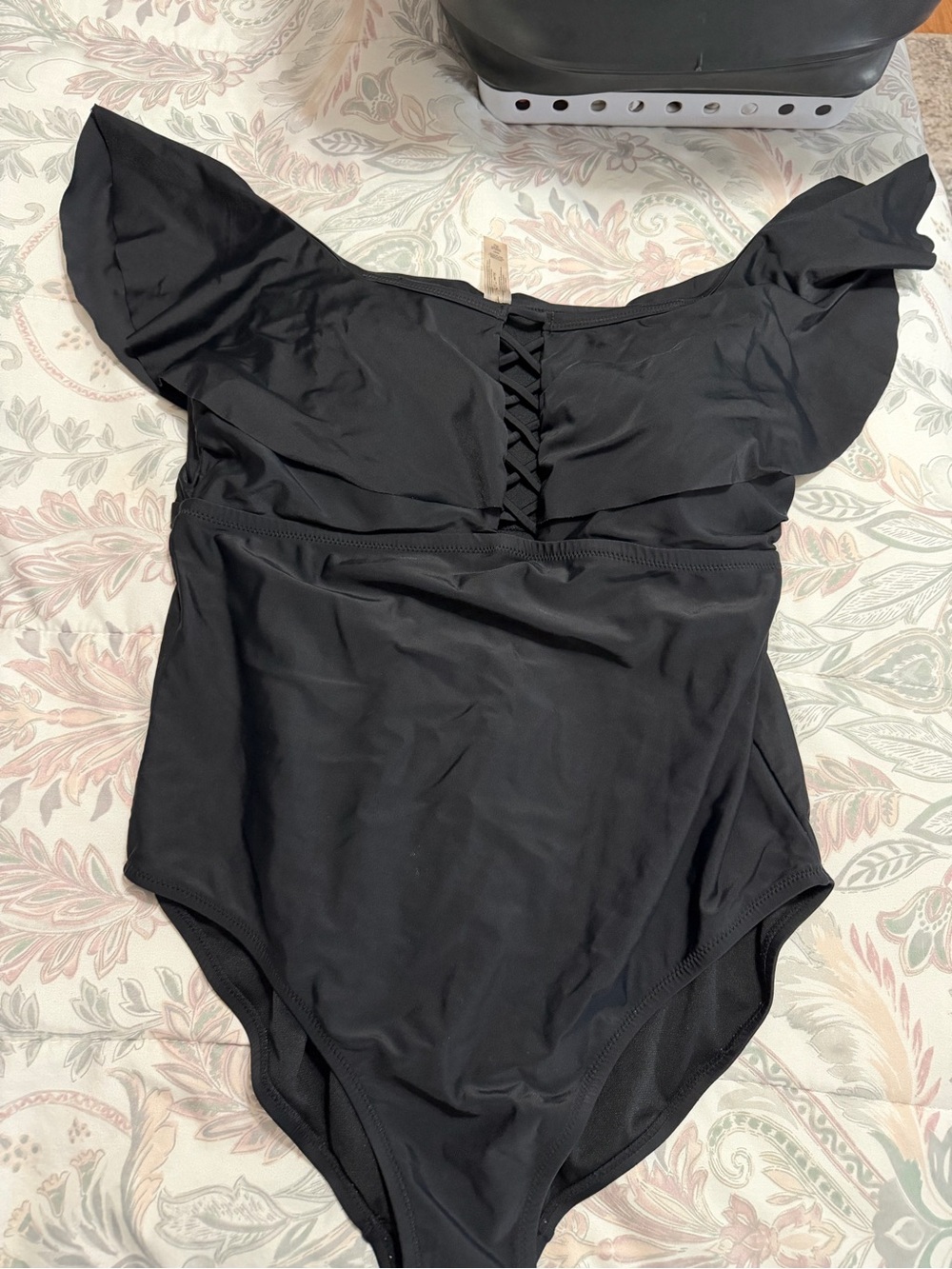 Black One-Piece Swimsuit with Flutter Sleeves